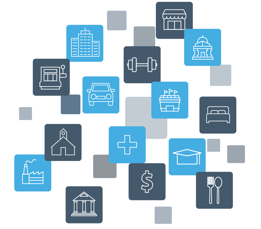 a blue and white icon set with a house, a house, a car, a car,