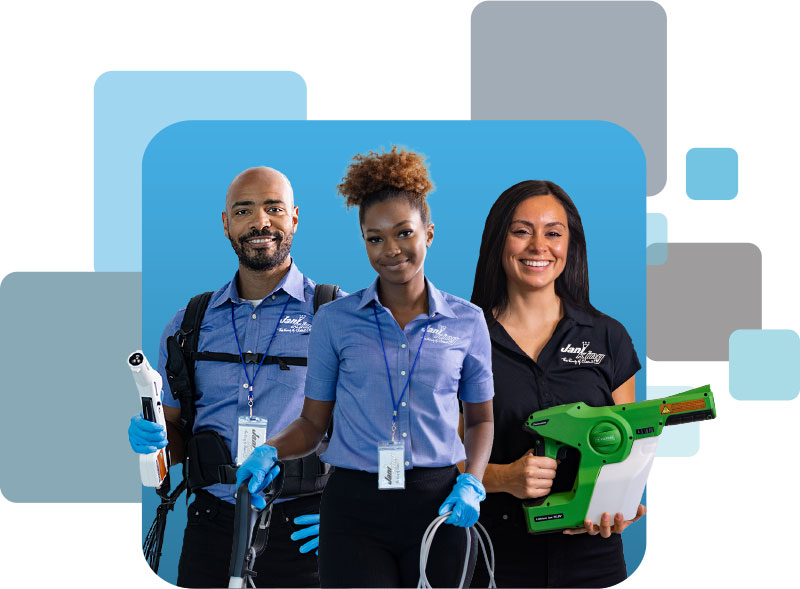 two people in uniform holding a green and blue tool