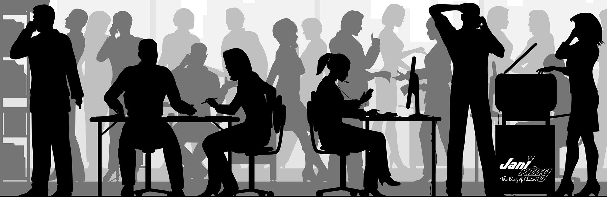 Silhouettes of of business people in workspaces working at their jobs.