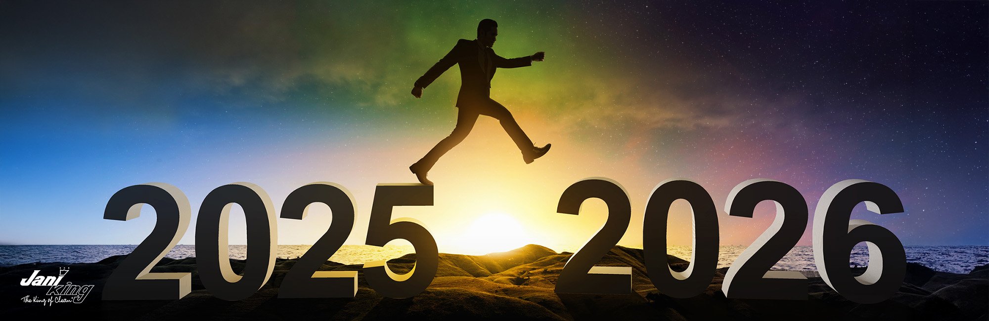 Business man jumping figuratively from 2025 to 2026.